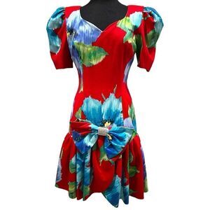 Evenings by Raul Blanco Vintage Floral Puff Sleeve Bow Mini Dress Red/Blue Size
